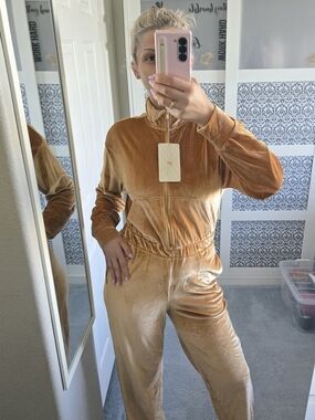Fabletics Velour Zip-Up Wide Leg Onesie in Warm Camel Color